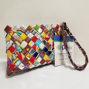 Eco-friendly Hand Woven Recycled Foil Wrapper Silver Multi Wristlet Bag NWT